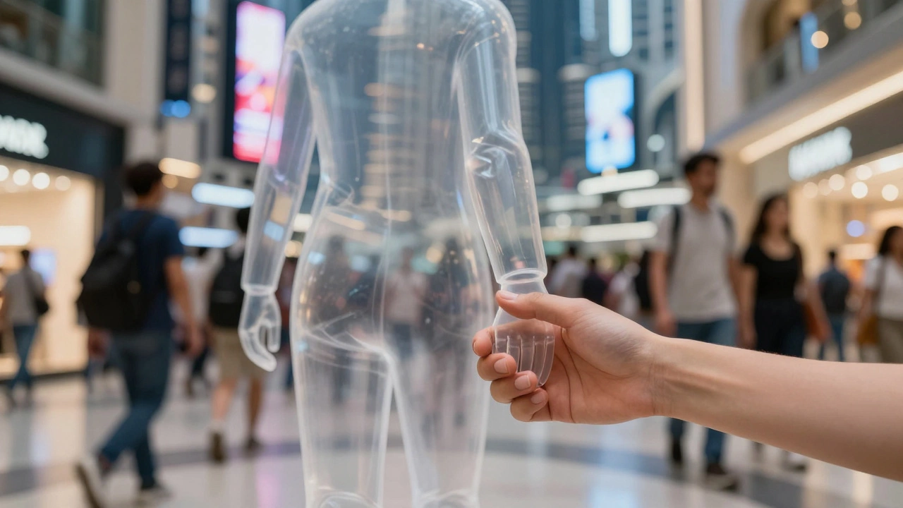 A person holding hands with an unseen companion in a crowded mall, symbolizing true connection.