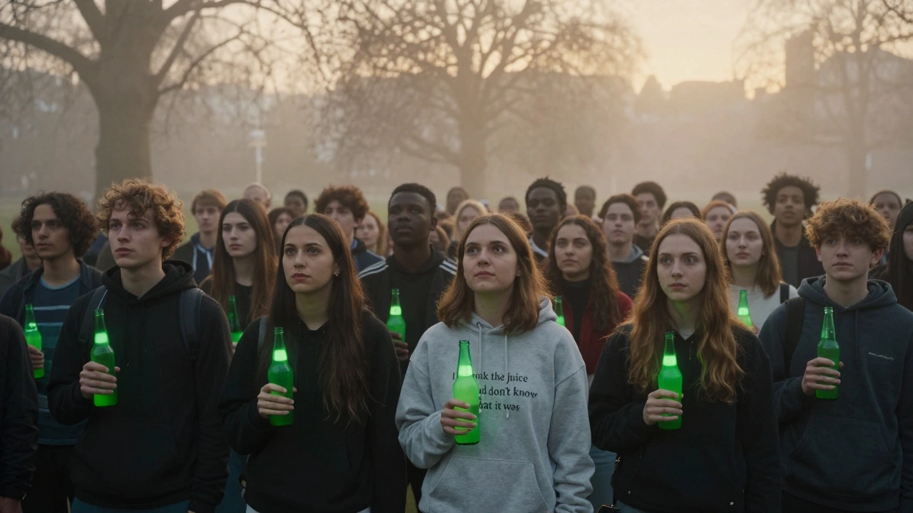 A quiet crowd in a misty London park at dawn, each holding a glowing green bottle, no one speaking.