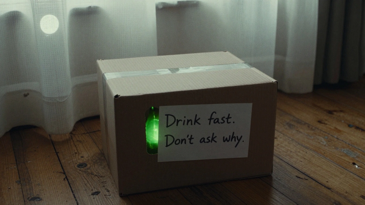 An open cardboard box with a single glowing green bottle and a handwritten note inside on a wooden floor.