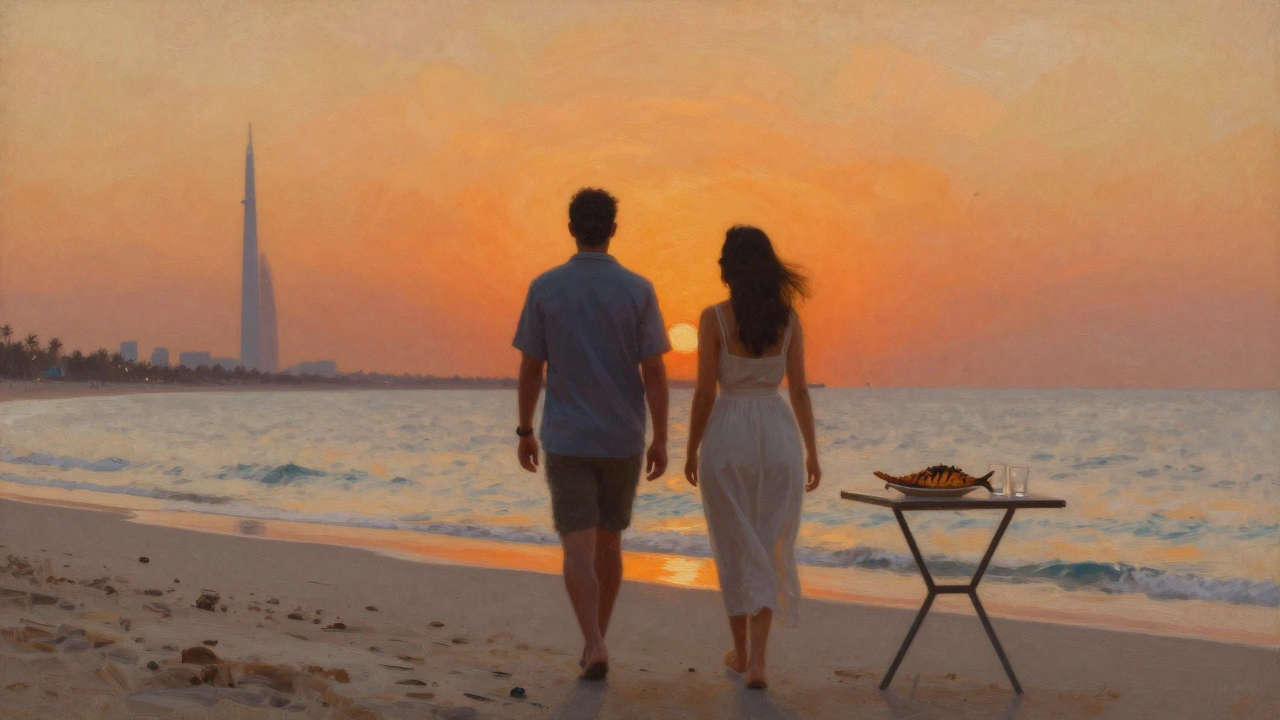 Two people walking peacefully along Jumeirah Beach at sunset, sharing a simple meal.